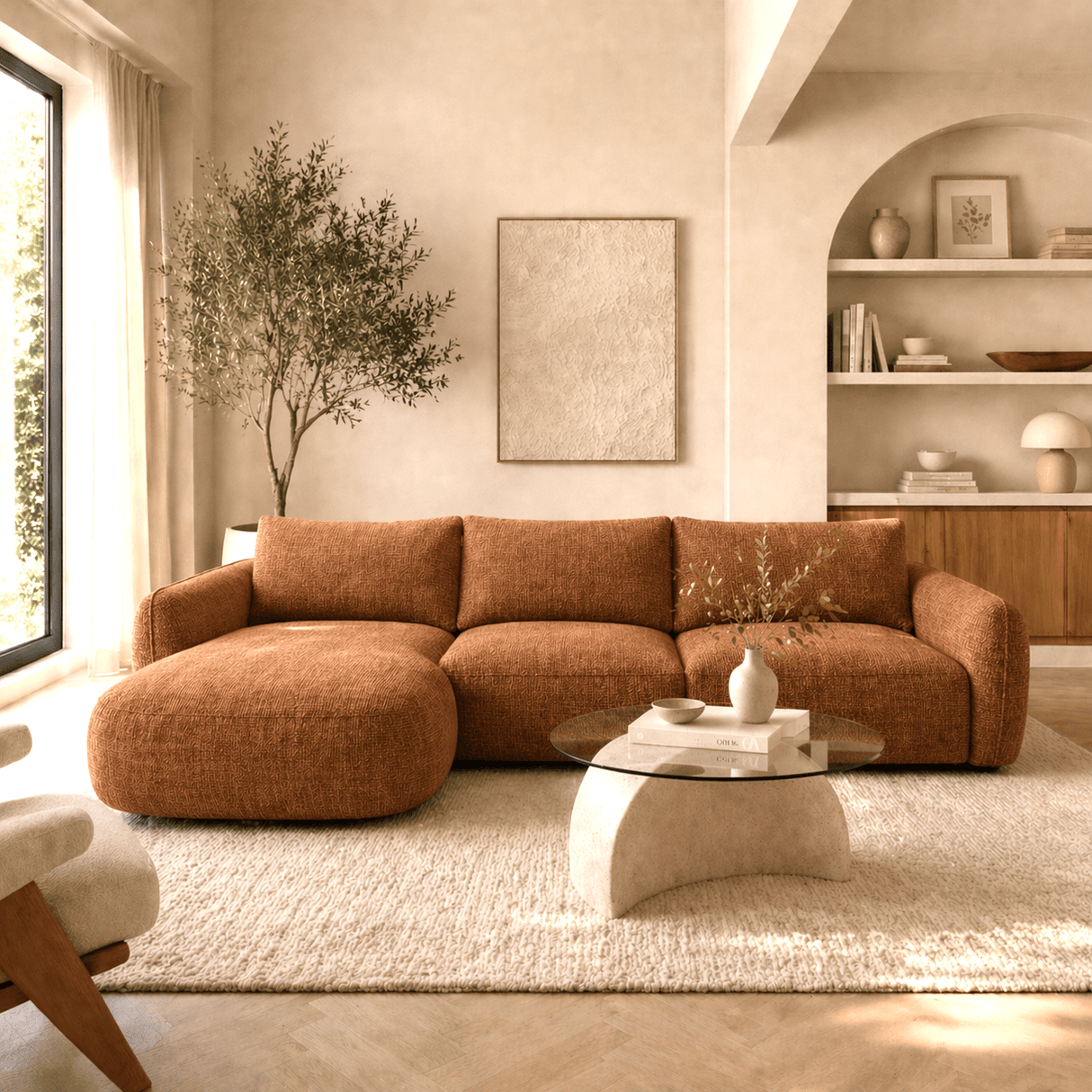 Ecksofa Chaiselongue Kupfer Strukturstoff Dwayne – links