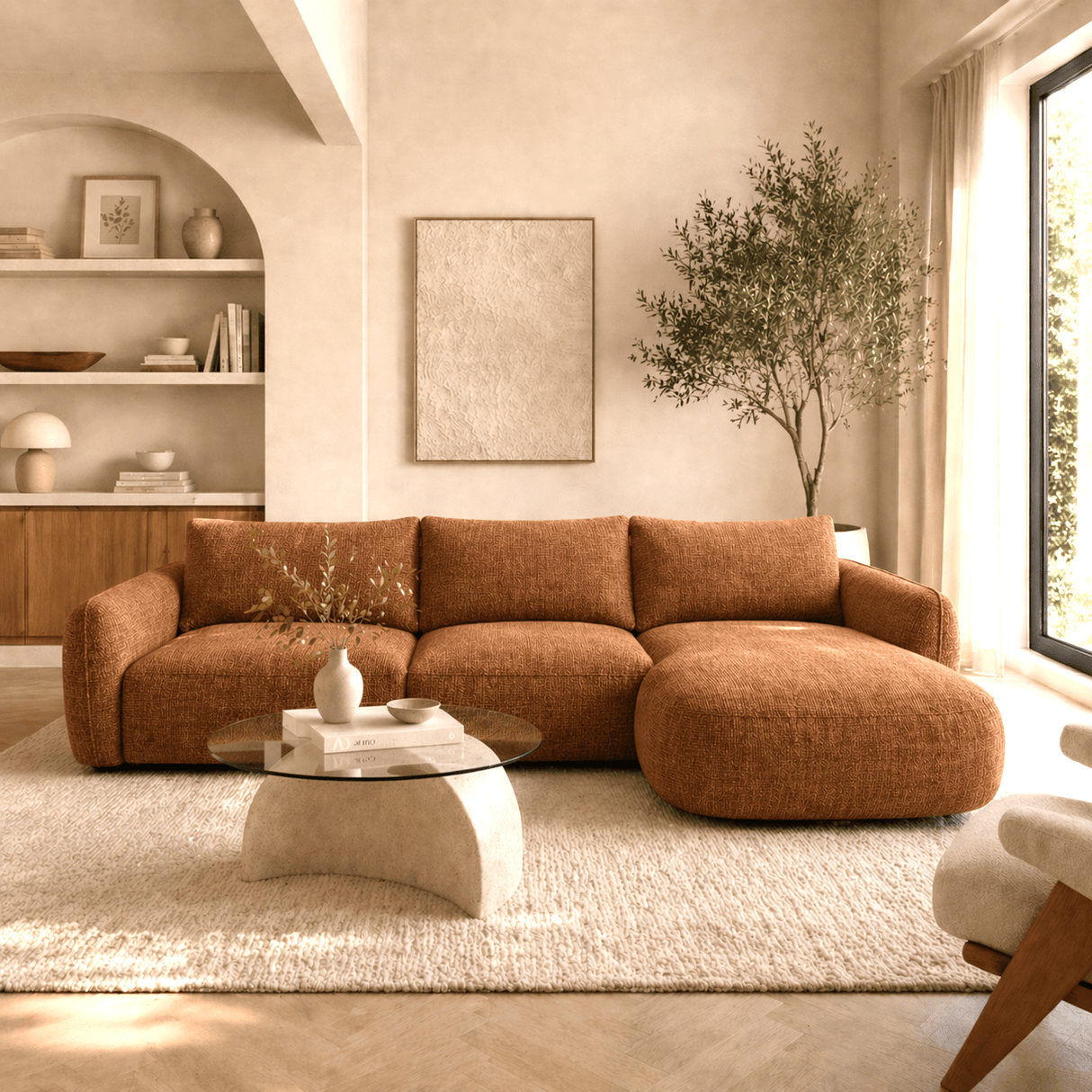 Ecksofa, rundes Longue-Sofa aus kupferfarbenem Samt mit Strukturstoff Dwayne – rechts