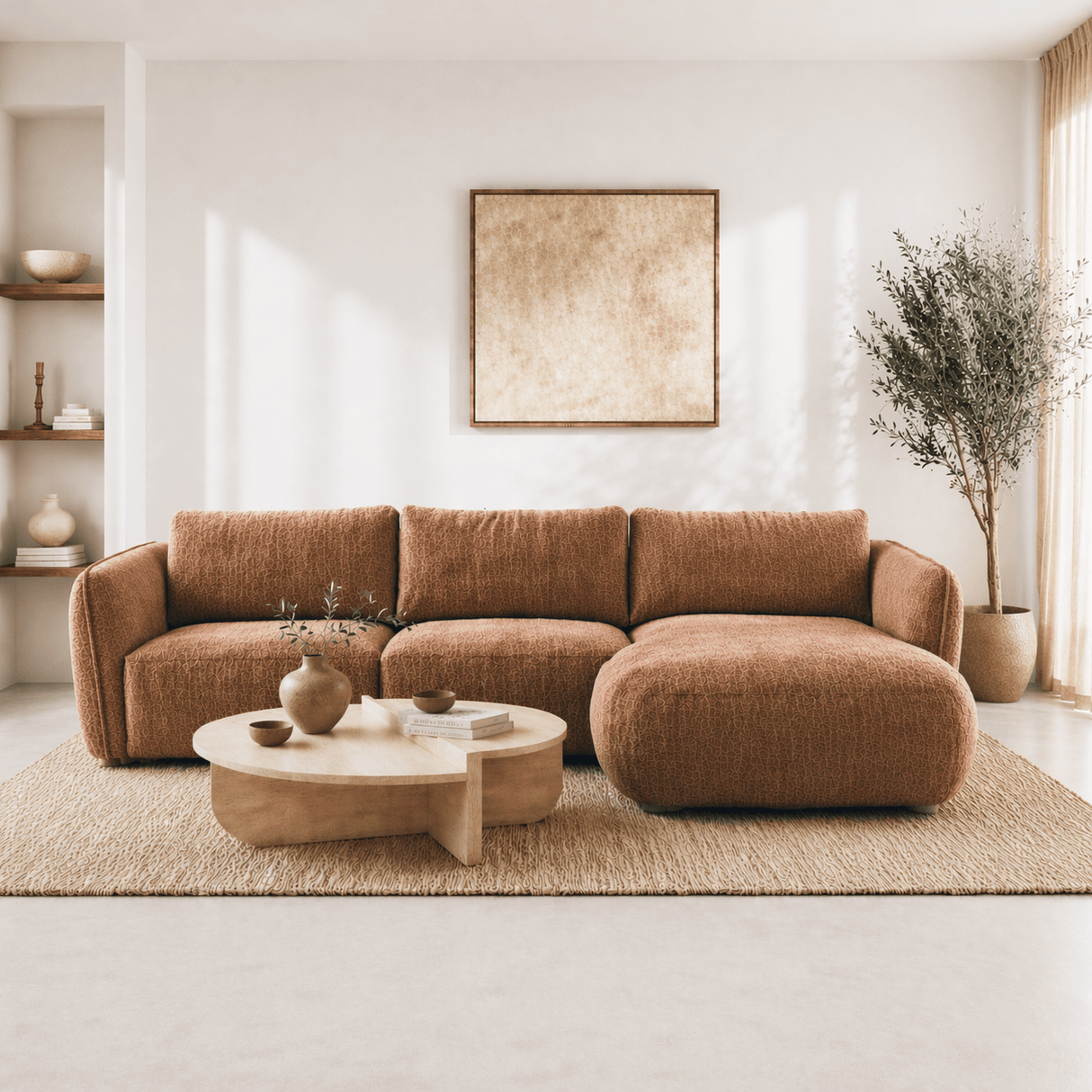Ecksofa, rundes Longue-Sofa aus kupferfarbenem Samt mit Strukturstoff Dwayne – rechts