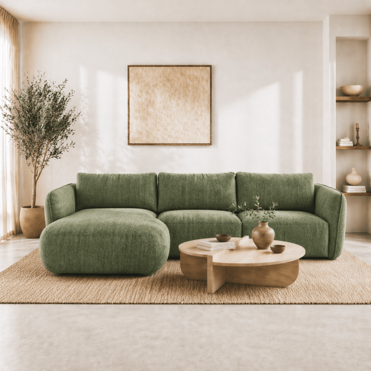 Ecksofa Chaiselongue olivgrün Strukturstoff Dwayne – links