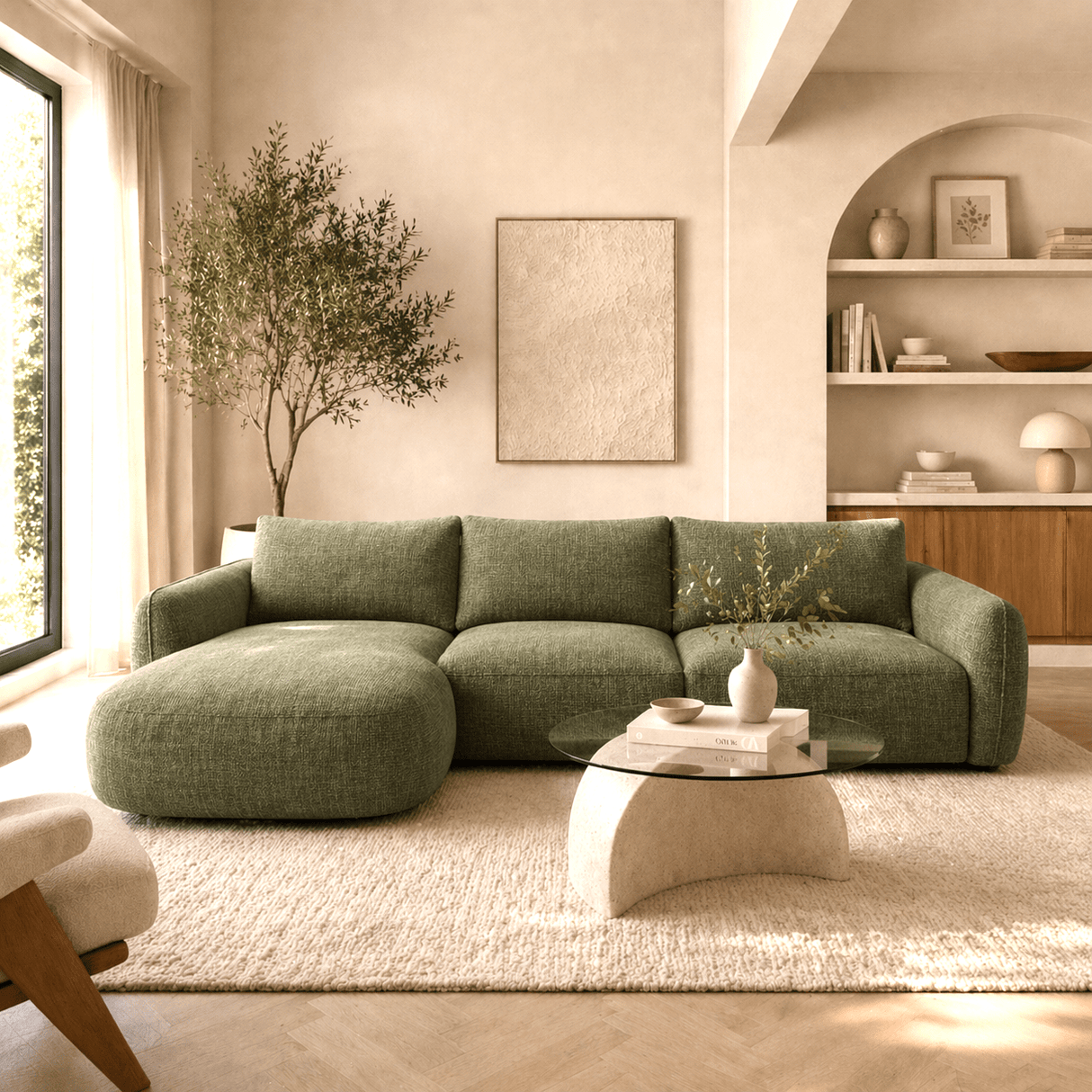 Ecksofa Chaiselongue olivgrün Strukturstoff Dwayne – links