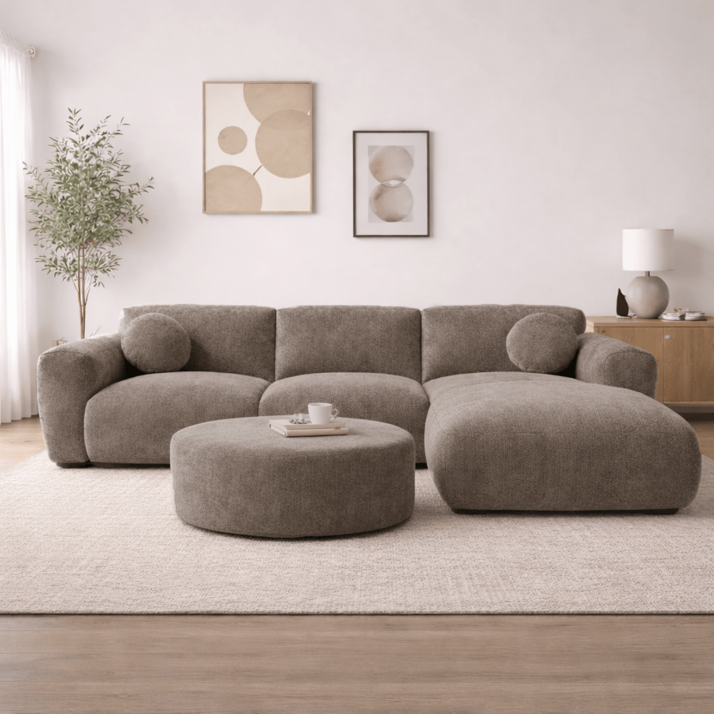 Ecksofa mit taupefarbenem Chenille-Bezug, Modell Shane - rechts