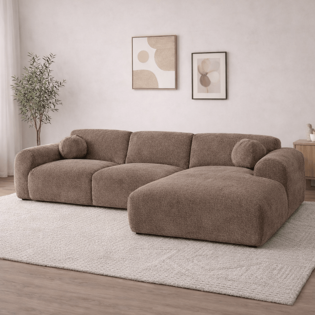 Ecksofa mit taupefarbenem Chenille-Bezug, Modell Shane - rechts