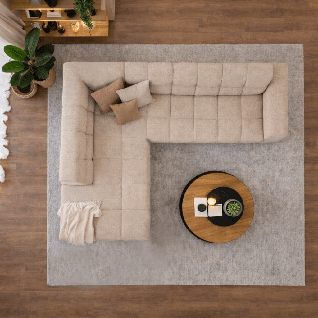 Banken - Hoekbank met lounge beige bouclé stof Nova - links - Dimehouse