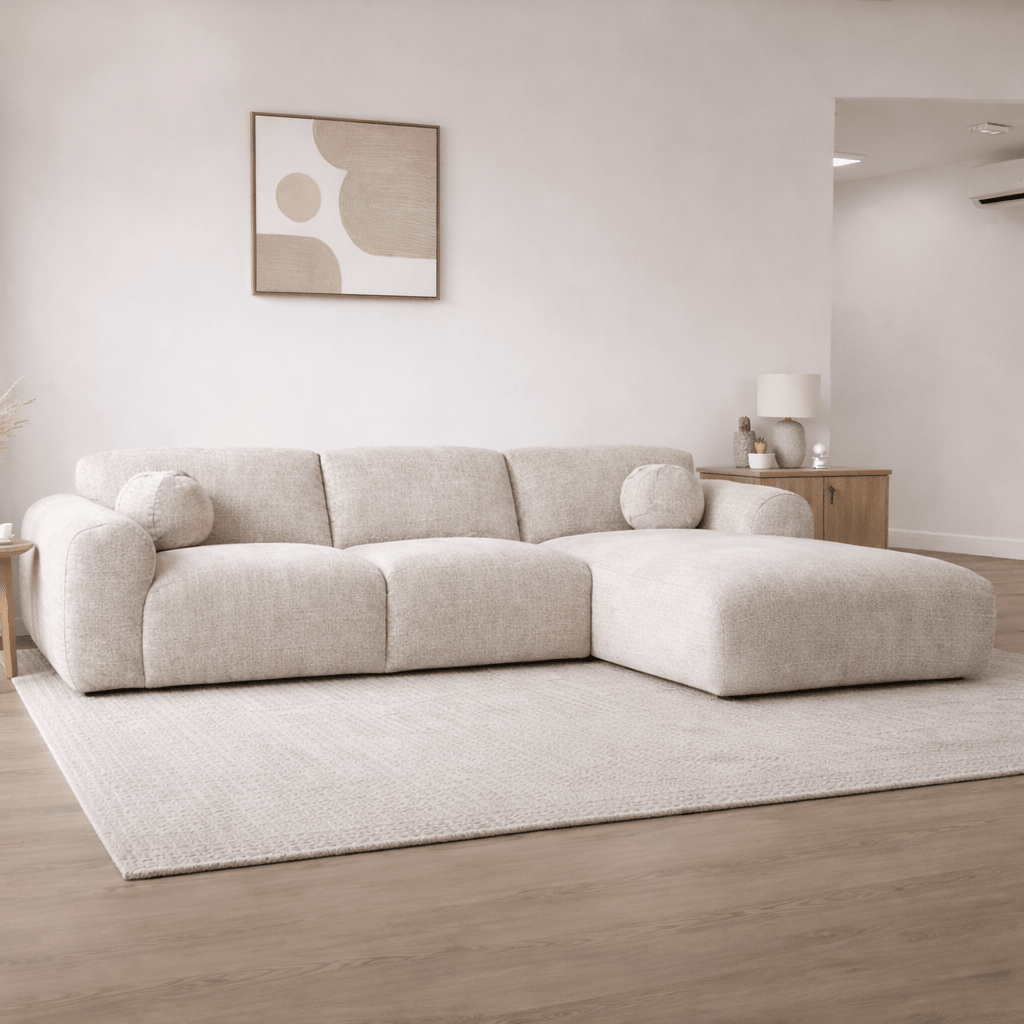 Ecksofa Beiger Chenillestoff – 292 x 169 cm – Shane – rechts