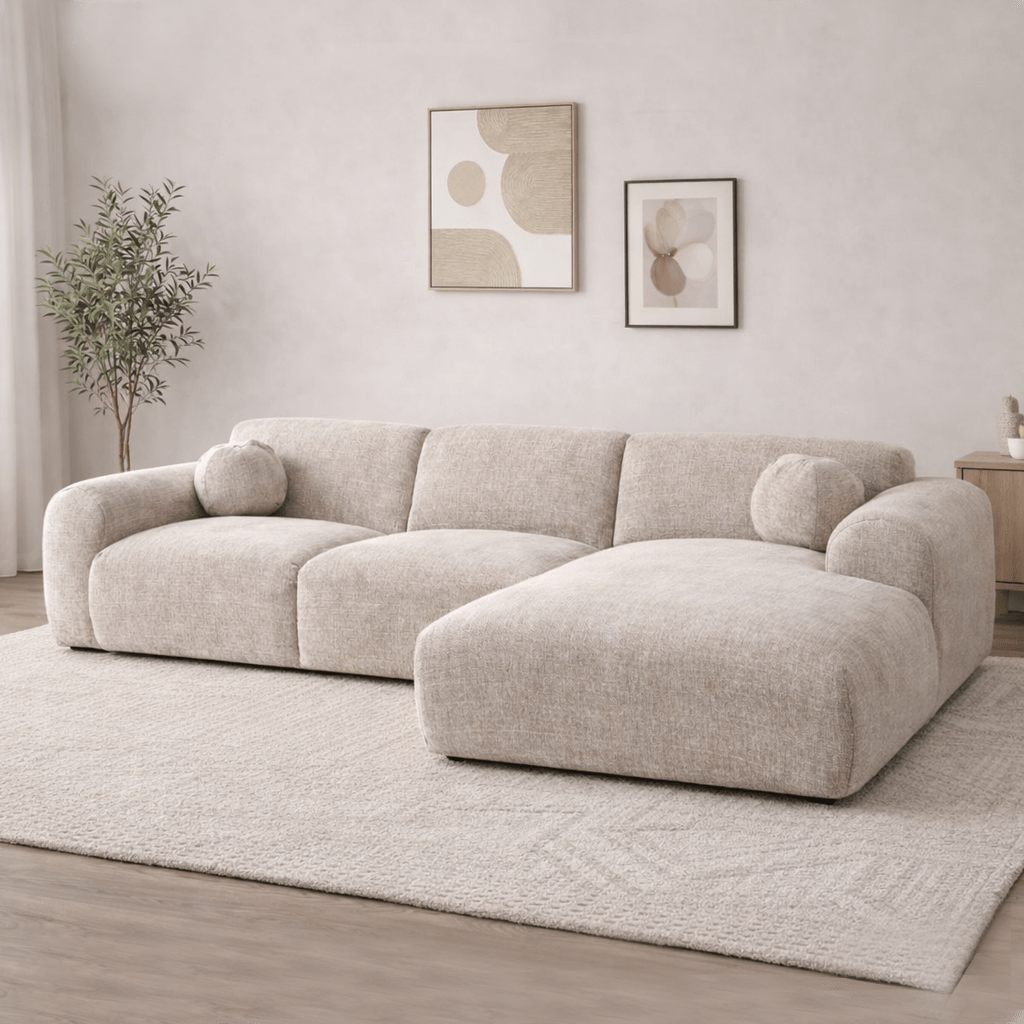 Ecksofa Beiger Chenillestoff – 292 x 169 cm – Shane – rechts
