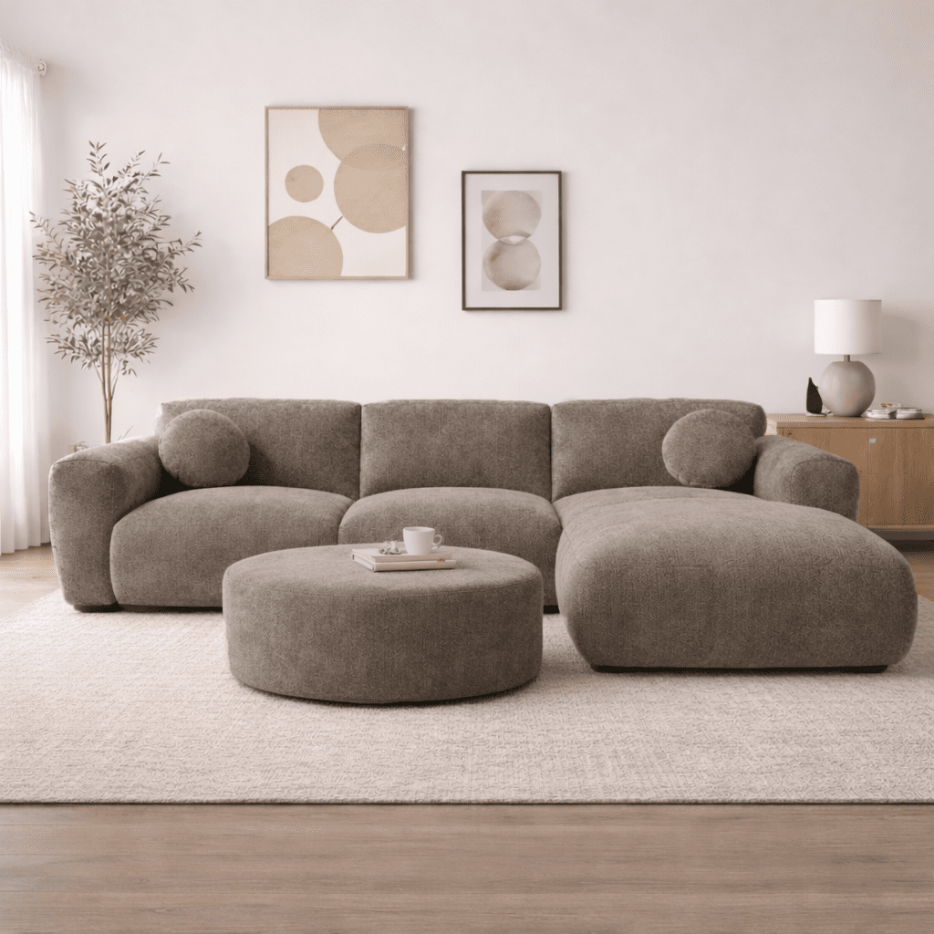 Ecksofa mit taupefarbenem Chenille-Bezug, Modell Shane - rechts