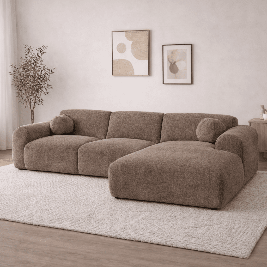 Ecksofa mit taupefarbenem Chenille-Bezug, Modell Shane - rechts
