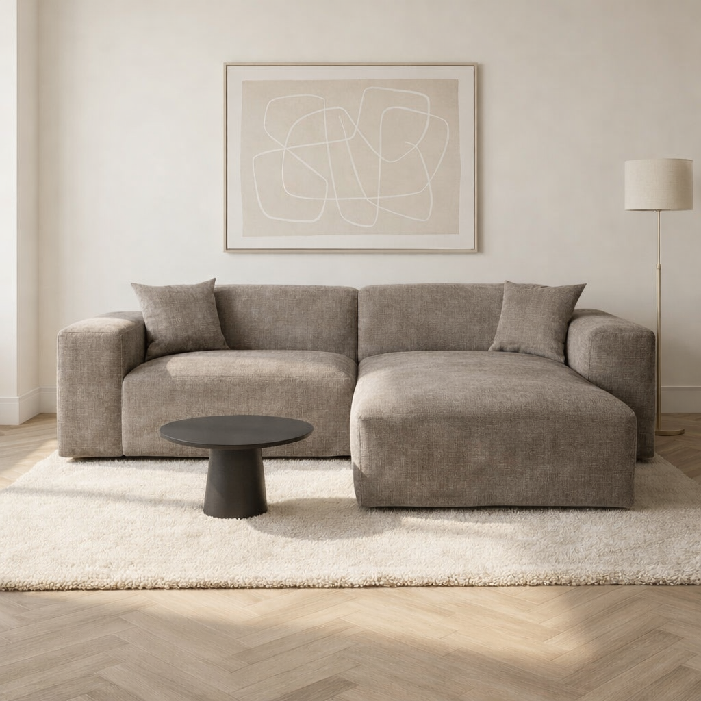 Hoekbank taupe chenille Wayne 260 cm - hoek links en rechts monteerbaar