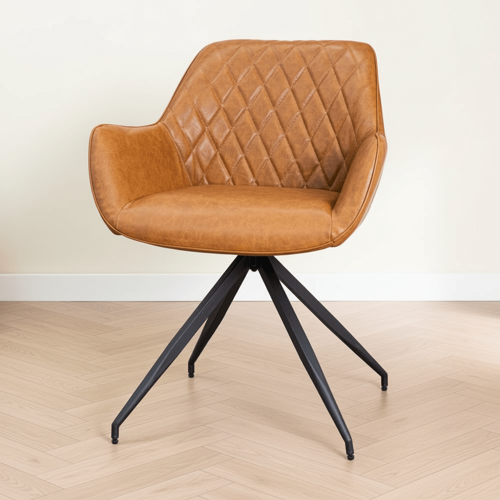 Industriele Eetkamerstoel Cognac Gian - Kunstleer - Ruitpatroon - Met Armleuningen