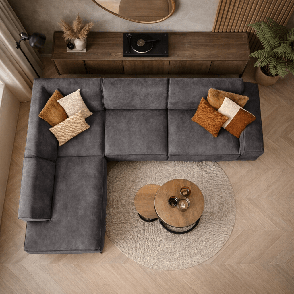 Industrielles Ecksofa aus anthrazitfarbenem Öko-Leder Brisbane – links