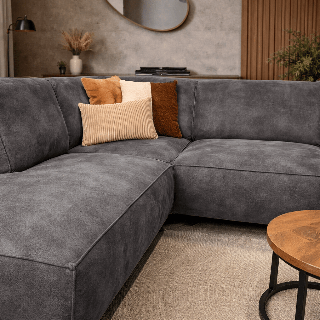 Industrielles Ecksofa aus anthrazitfarbenem Öko-Leder Brisbane – links