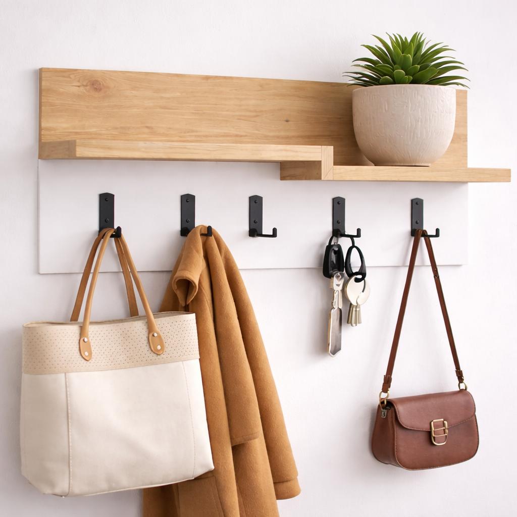 Garderobe 5-Haken Weiß, Eichenholz Melamin - 65 cm