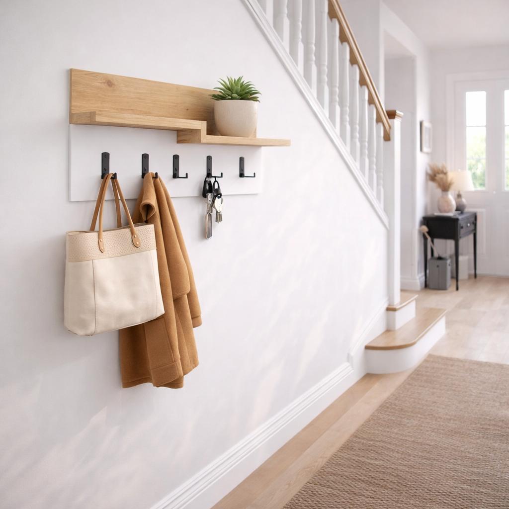 Garderobe 5-Haken Weiß, Eichenholz Melamin - 65 cm