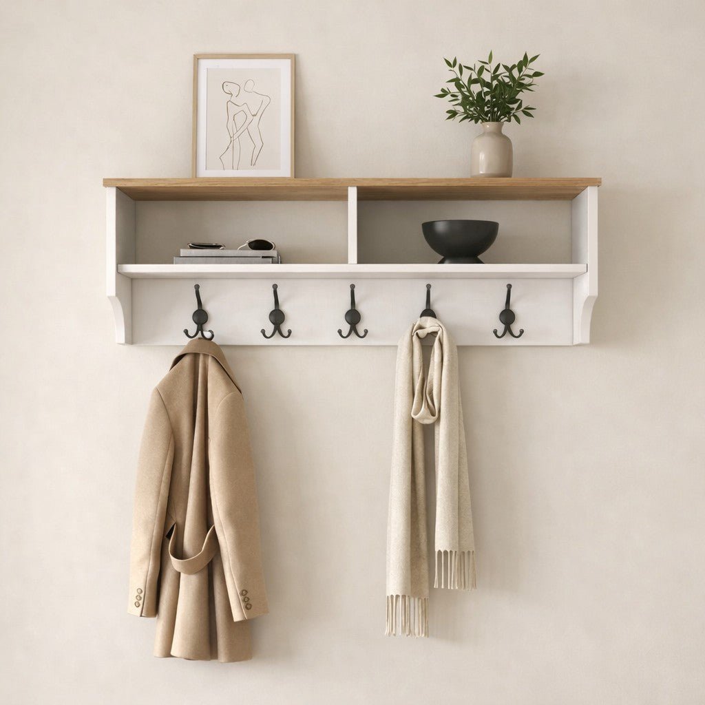 Kapstokken - Kapstok Wit met Eiken Melamine 15 - haaks en twee vakken - Hally - Dimehouse