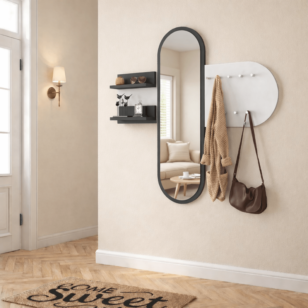 Kleiderständer Weiß Melamin 9-Haken - Mit Spiegel - Zwei Regale