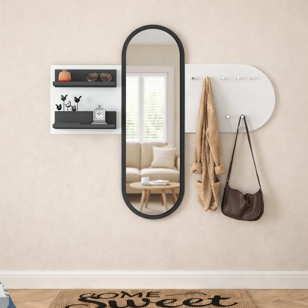 Kleiderständer Weiß Melamin 9-Haken - Mit Spiegel - Zwei Regale