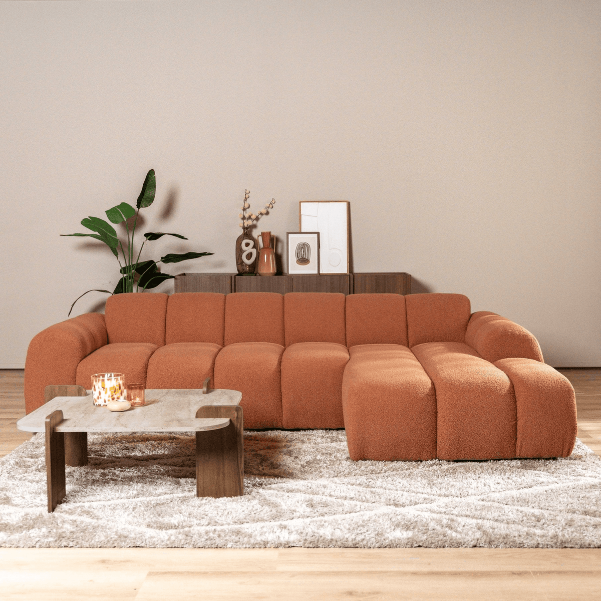 Banken-Hoekbank met lounge koper bouclé stof - strepen - rechts - Brix-Dimehouse