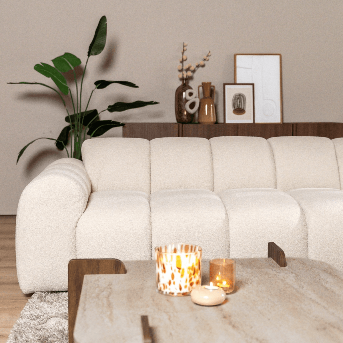 Banken-Hoekbank met lounge beige bouclé stof - strepen - rechts - Brix-Dimehouse