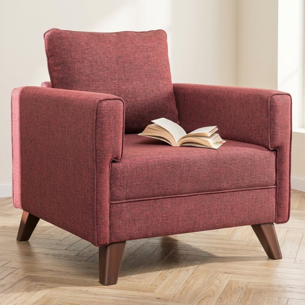 Landelijke fauteuil Bordeauxrood melange geweven stof Bella sfeerfoto in modern interieur