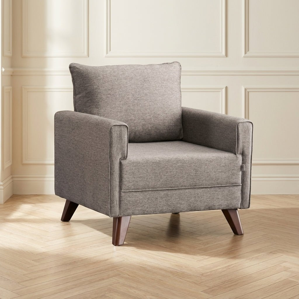 Landelijke fauteuil Taupe melange geweven stof Bella sfeerfoto in modern interieur