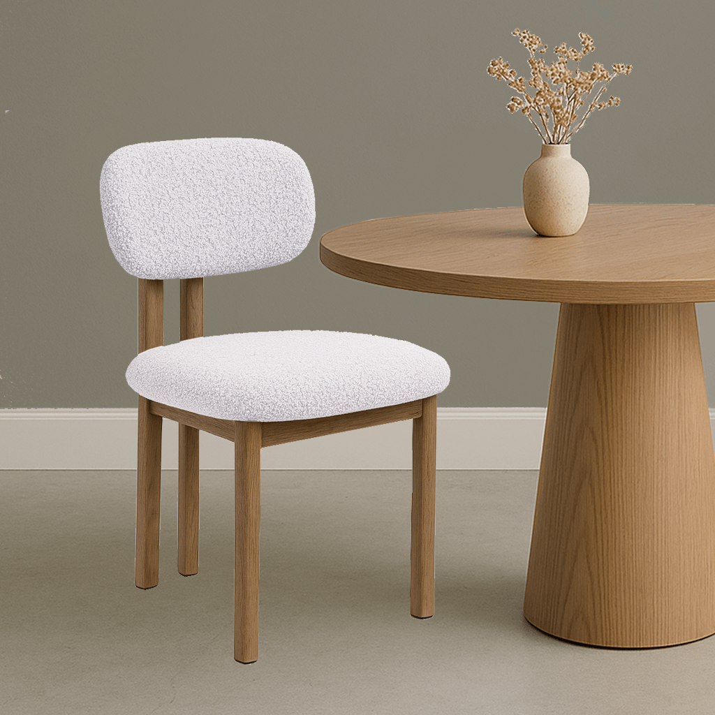 Japandi Esszimmerstuhl Miyo Bouclé Elfenbein - Eichenlook Rahmen