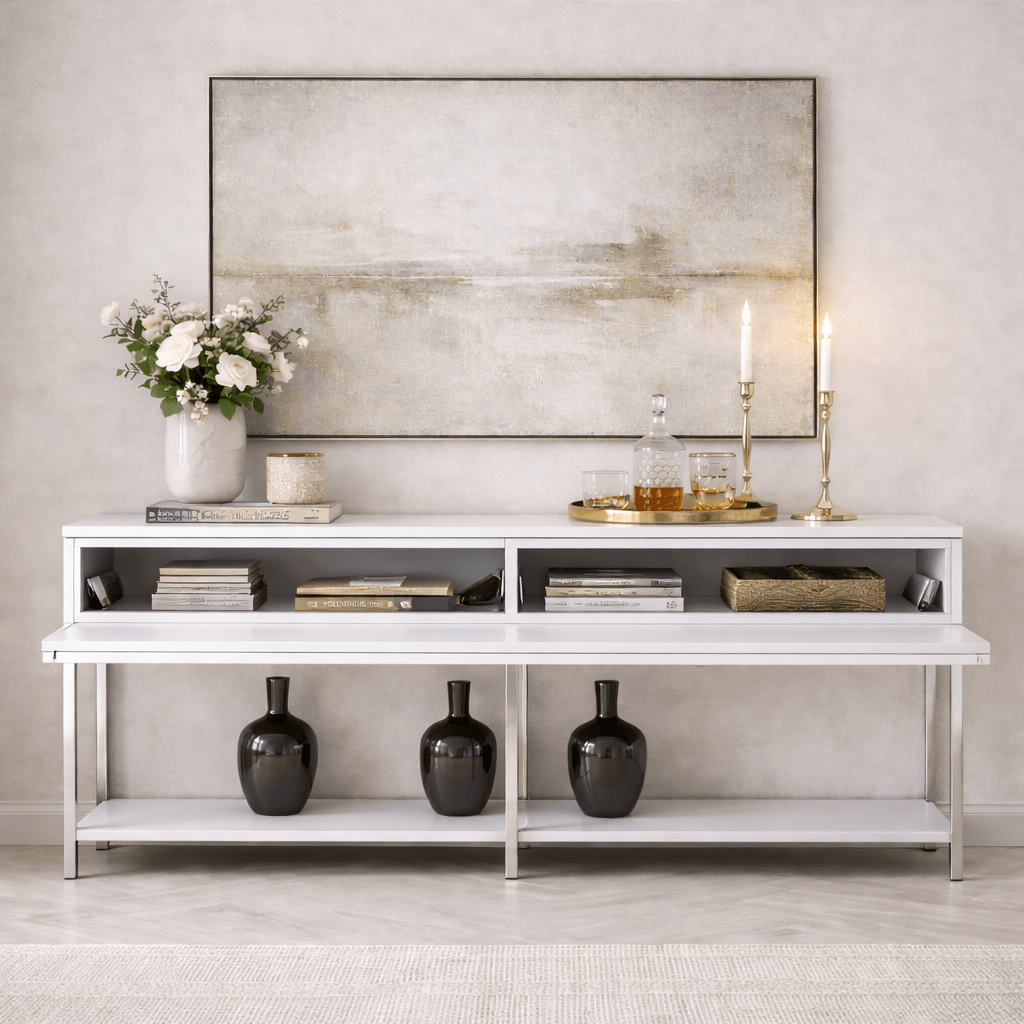 Moderne Kommode White Lord 150x30x80 - Silberner Rahmen - Zwei Fächer
