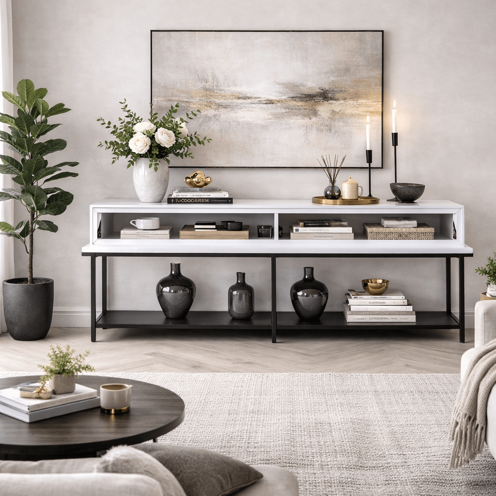 Moderne Kommode White Lord 150x30x80 - Schwarzer Rahmen - Zwei Fächer