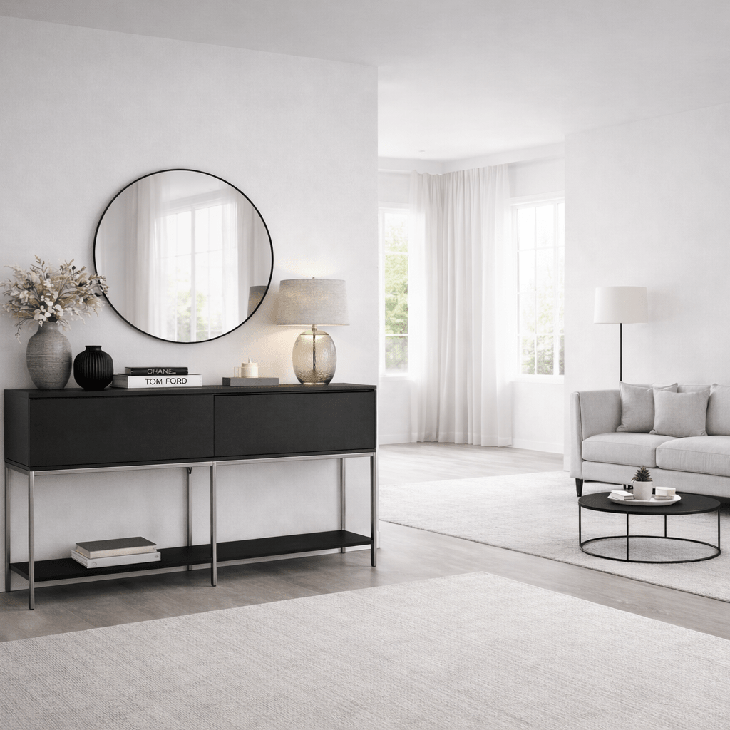 Moderne Kommode Black Lord 150x30x80 - Silberner Rahmen - Zwei Fächer