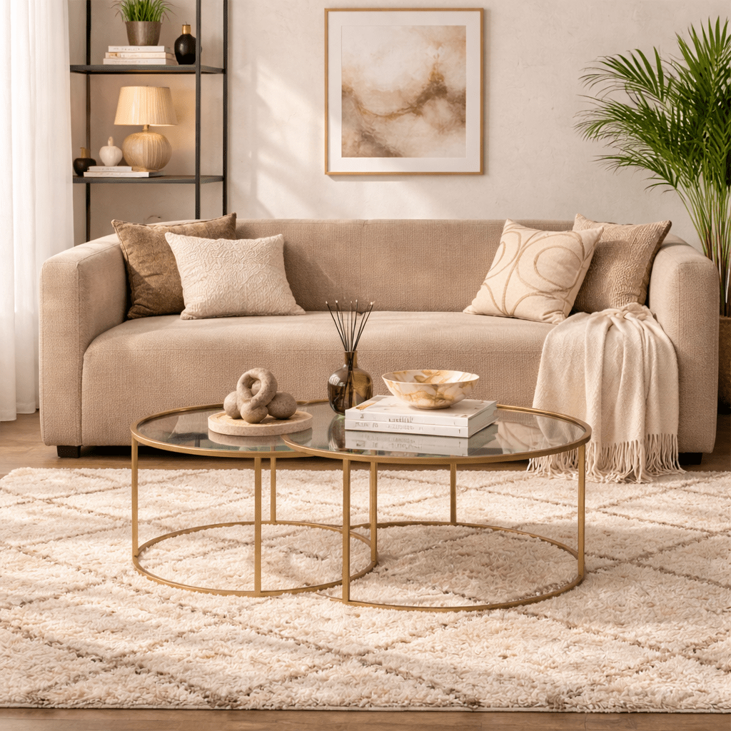Moderne Runde Couchtisch-Set aus 2 Uru Gold - Transparentes Glas - 80/60 cm