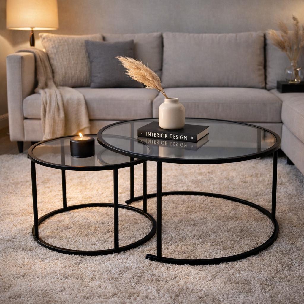 Moderne runde Couchtisch-Set aus 2 Uru Schwarz - Graues Glas - 80/60 cm