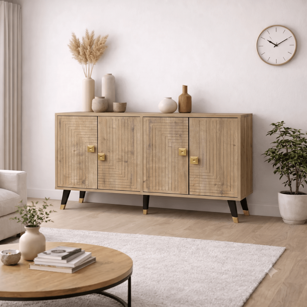 Kommoden-Modern Sideboard Saphir-Eichen-Look-Gold 120 cm Melamin Ahart-Dimehouse