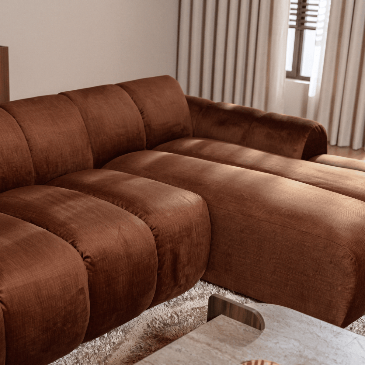 Banken-Hoekbank met lounge koper velvet structuurstof - strepen - rechts - Brix-Dimehouse