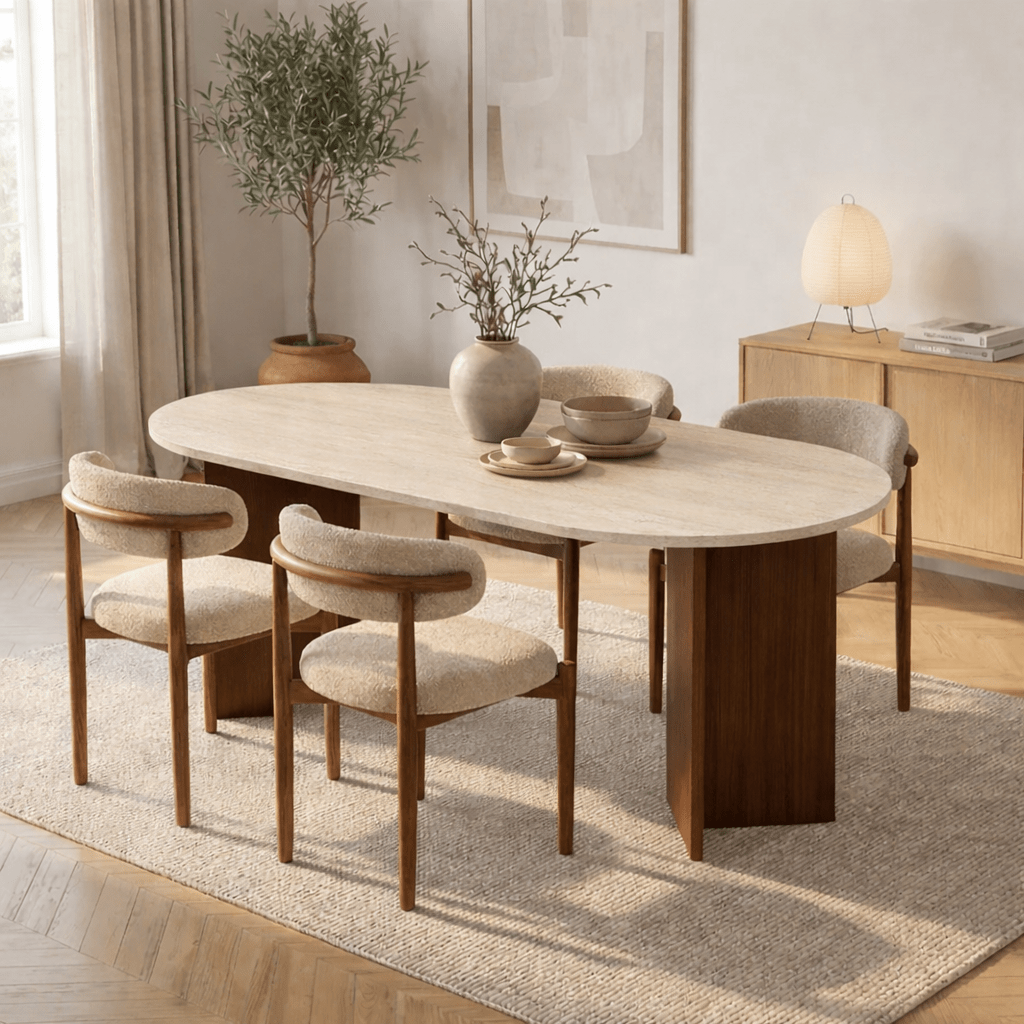 Eettafels - Ovale eettafel travertin blad - walnoot melamine - 180x89,5x75 cm - Sota - Dimehouse