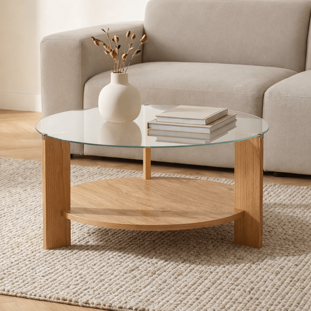 Salontafels - Ronde salontafel eiken melamine transparant glas Ø75 cm - Cairo - Dimehouse