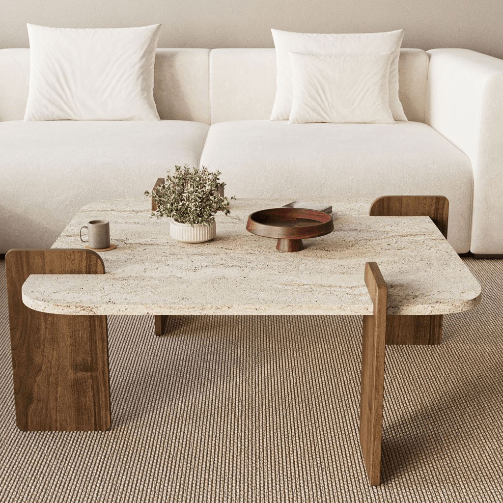 Salontafels - Japandi salontafel travertin met walnoot - melamine - 90 x 90 cm - Alfro - Dimehouse