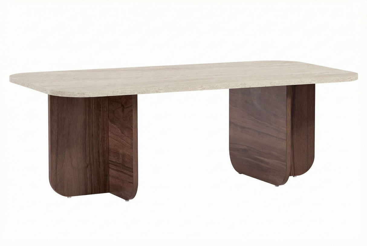 Salontafels - Salontafel walnoot melamine met travertin top - Japandi - 120x60 cm - Akira - Dimehouse