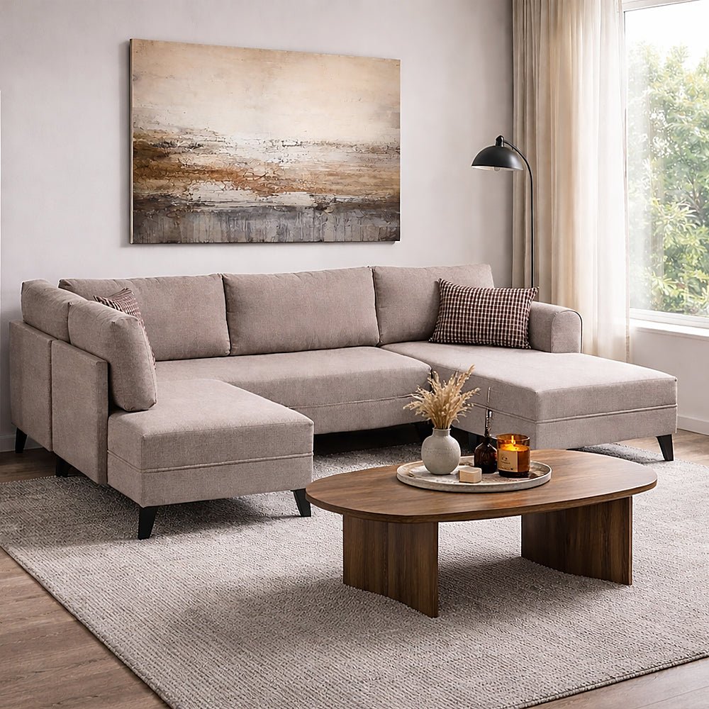 Schlafsofa beiger Stoff – U-Sofa – XXL 300 × 202 × 152 cm – Belen