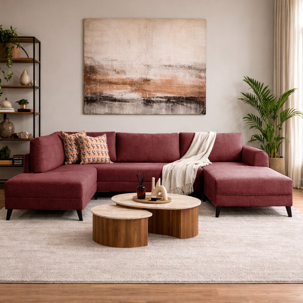 Schlafsofa roter Stoff – U-Sofa – XXL 300 × 202 × 152 cm – Belen
