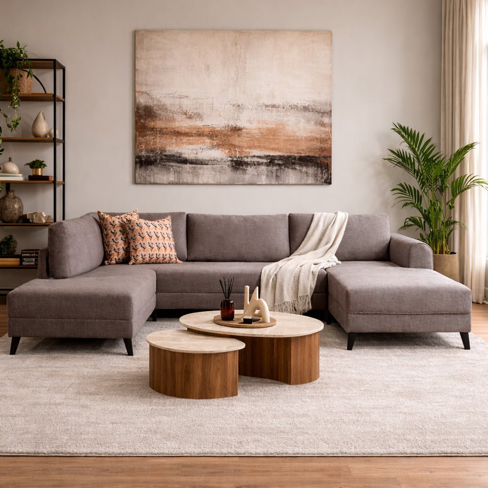 Schlafsofa taupefarbener Stoff – U-Sofa – XXL 300 × 202 × 152 cm – Belen