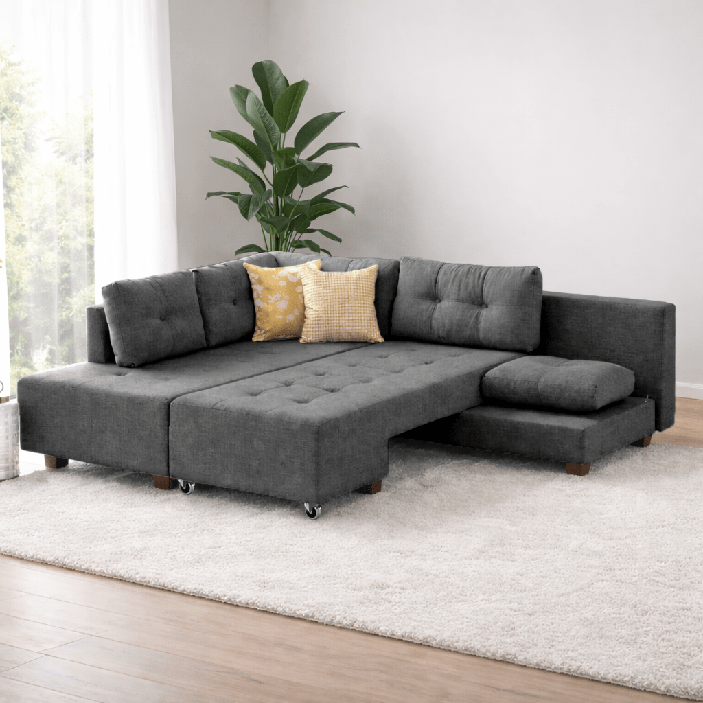 Banken - Slaapbank antraciet stof - XL 280x206 cm - met wielen - Links - Manama - Dimehouse