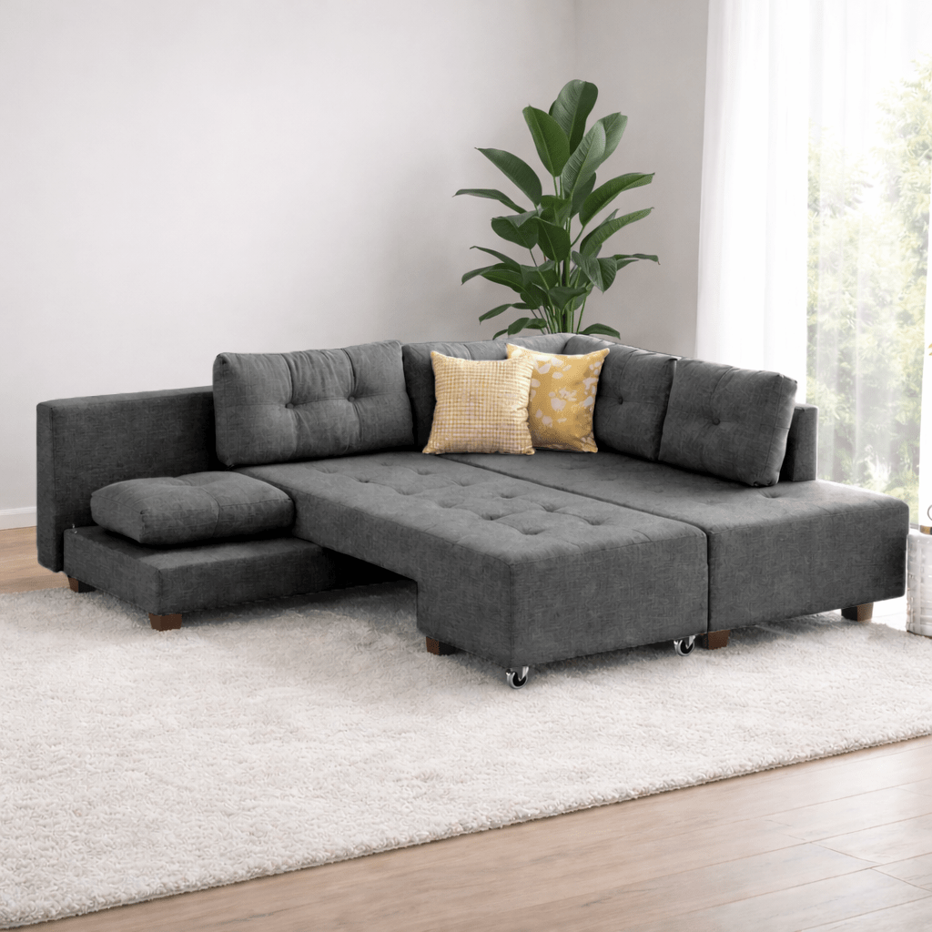 Banken - Slaapbank antraciet stof - XL 280x206 cm - met wielen - Rechts - Manama - Dimehouse