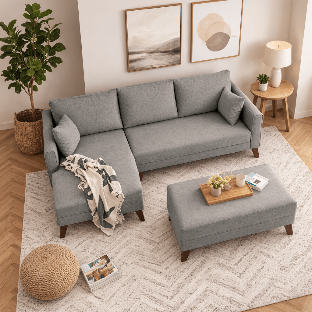 Schlafsofa aus grauem Stoff - 2-Sitzer - inklusive Hocker - linksseitig - Bella