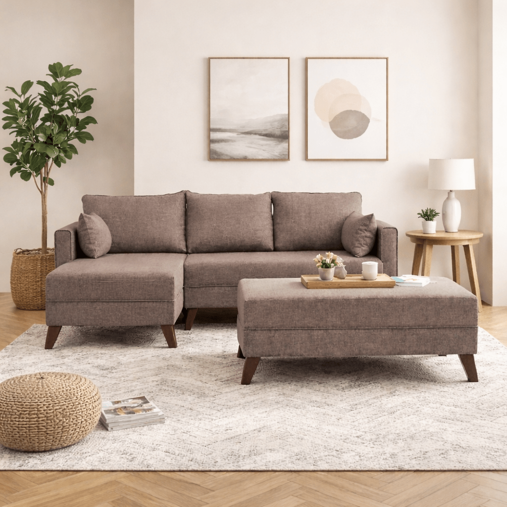 Schlafsofa taupefarbener Stoff – Ecksofa inklusive Hocker – Links – Bella