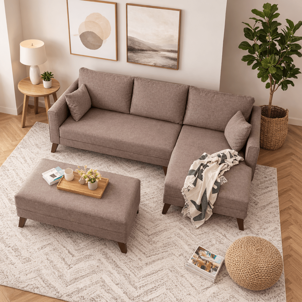 Schlafsofa aus taupefarbenem Stoff - 2-Sitzer - inklusive Hocker - rechtsseitig - Bella