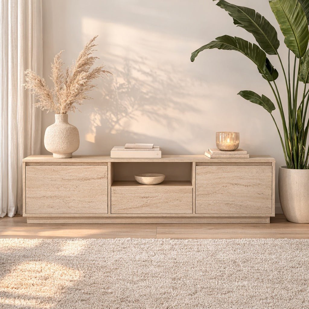 TV-Möbel Japandi Travertin Melamin – drei Schränke – 160 x 42 x 29,5 cm – Flare