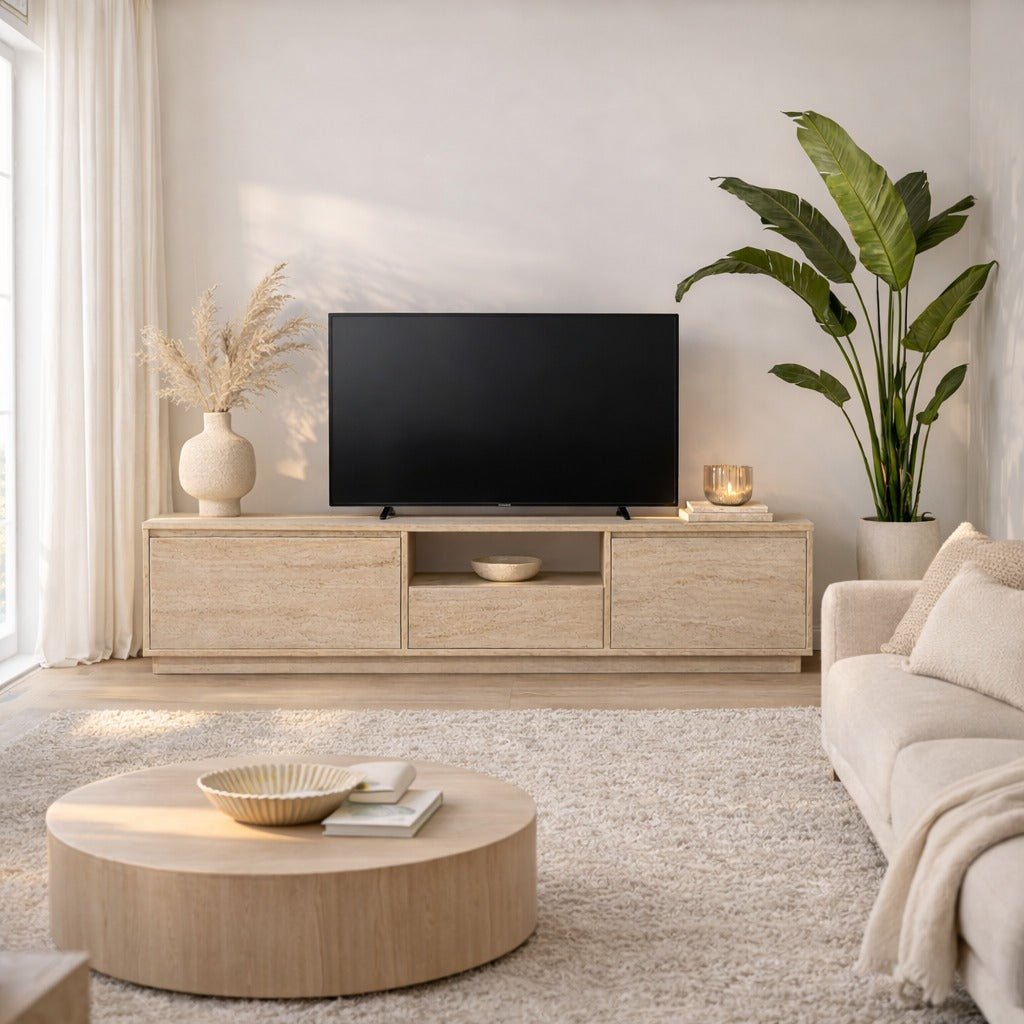 TV-Möbel Japandi Travertin Melamin – drei Schränke – 160 x 42 x 29,5 cm – Flare