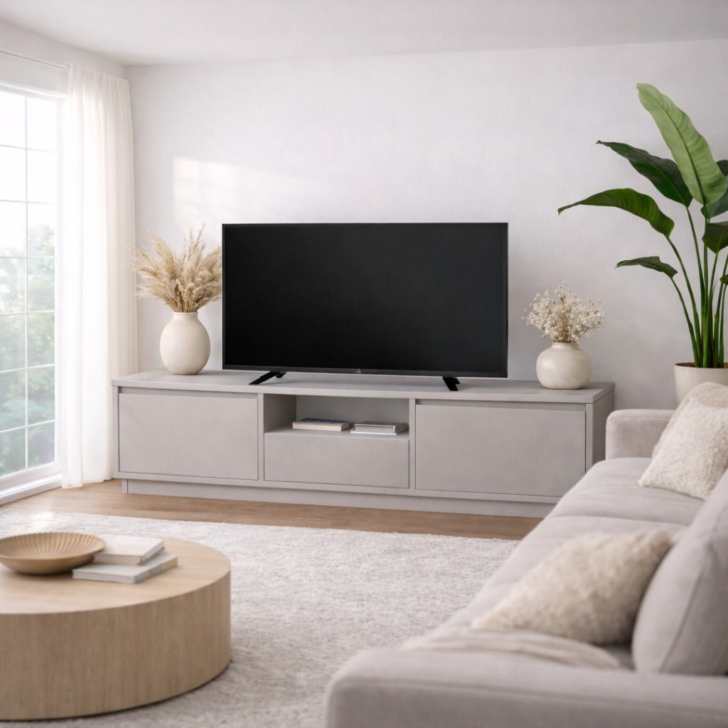 TV Meubels - TV Meubel Grijs Melamine - drie kastjes - 160x42x29,5 cm - Flare - Dimehouse
