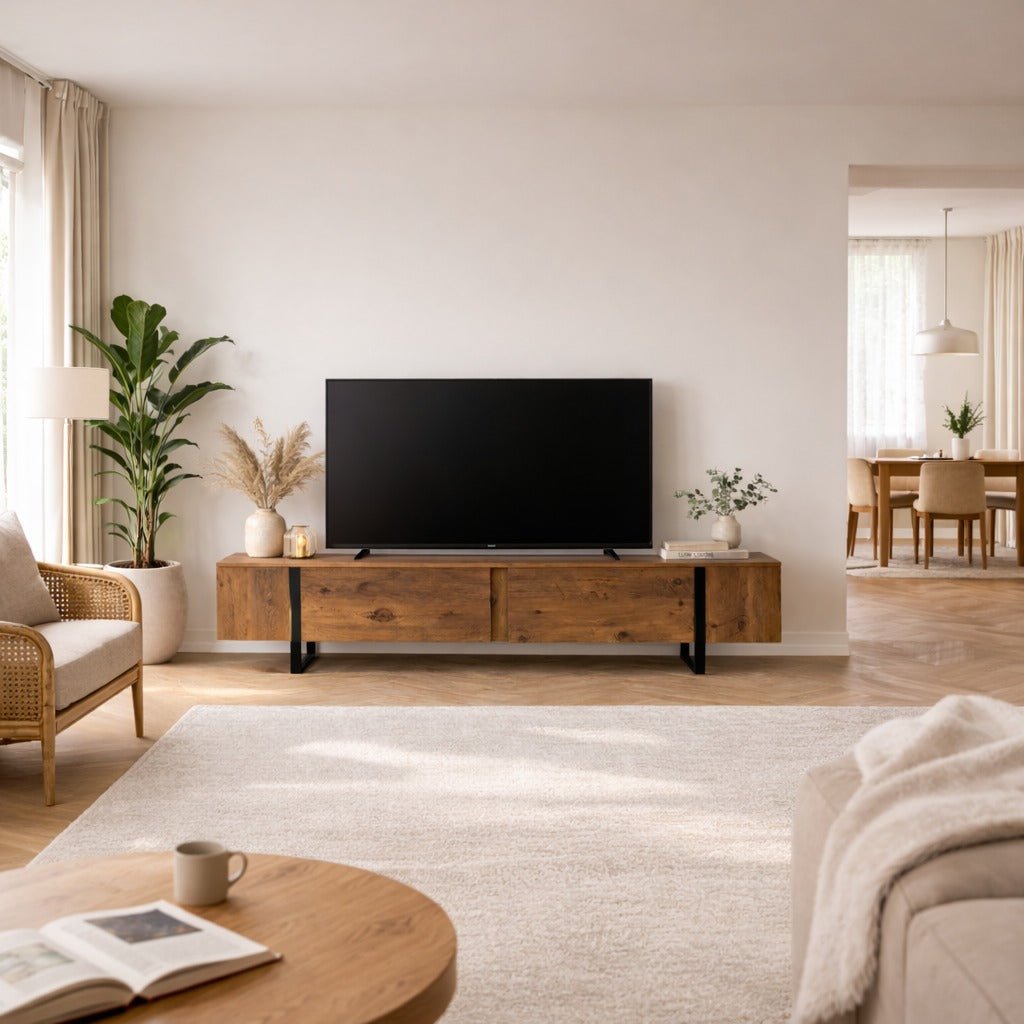 TV Meubels - TV Meubel Naturel Melamine Zwart Frame 180x50x29,5 cm - Blitz - Dimehouse