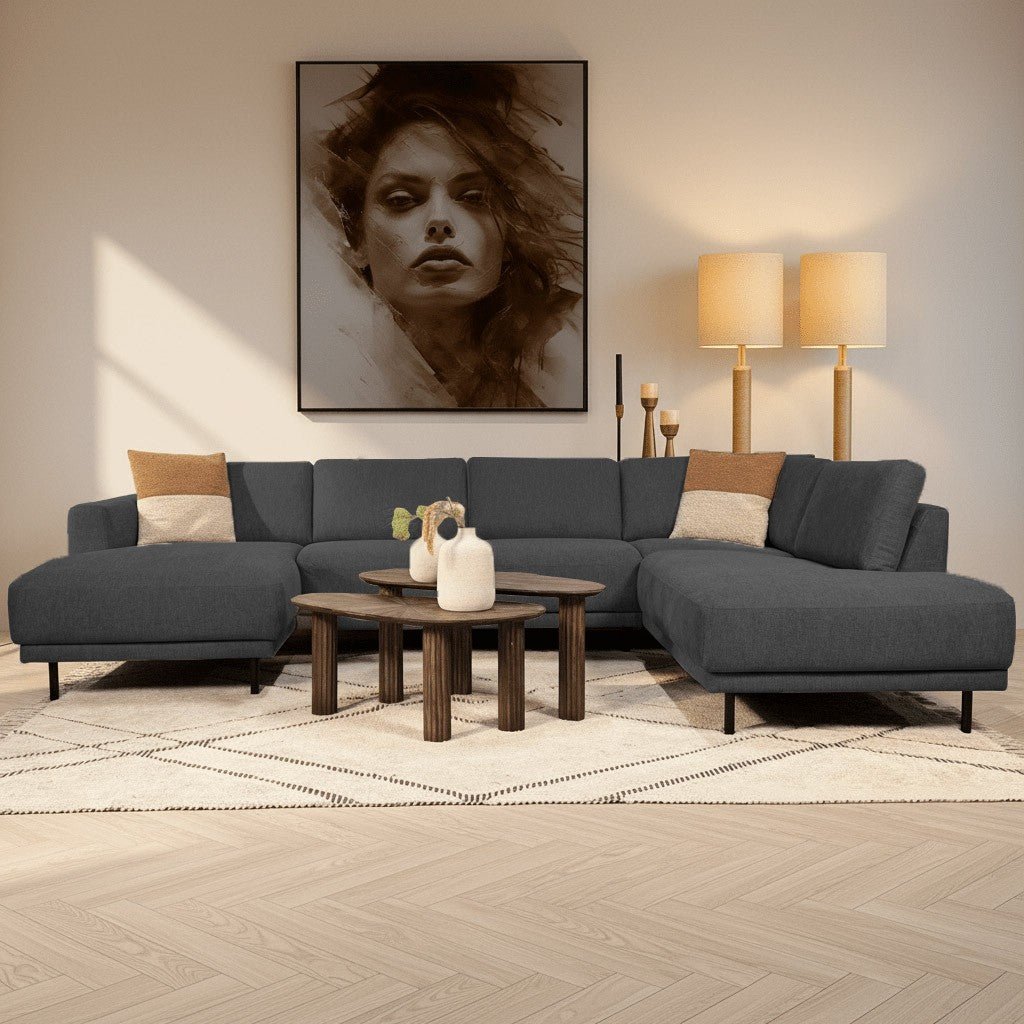 Banken - Moderne U - Bank hoekbank Antraciet Stof - rechts - 310x197x142 cm - Aniko - Dimehouse
